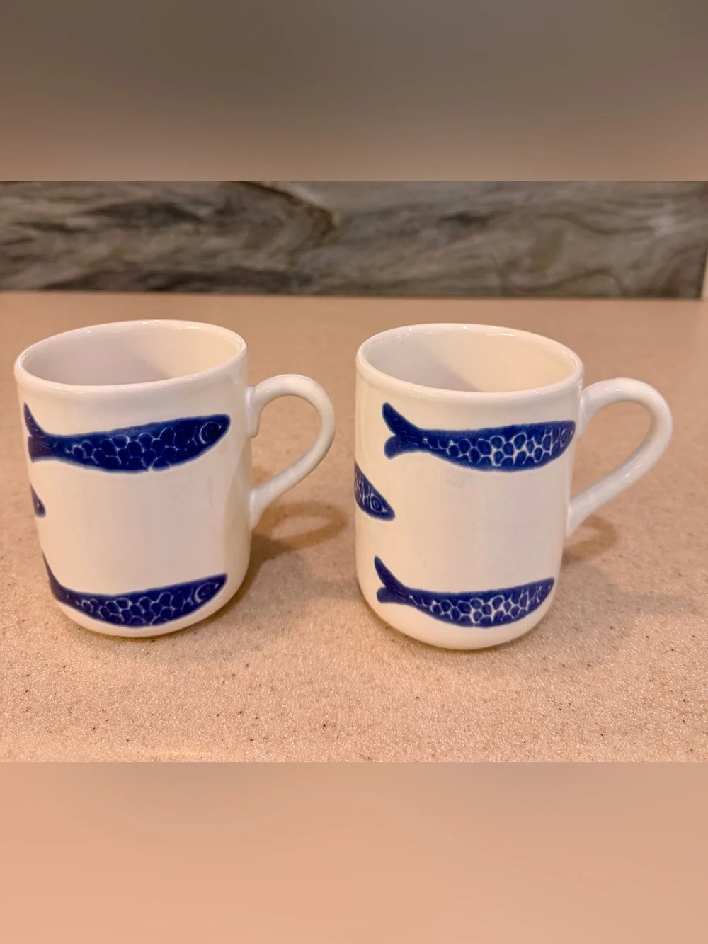 Blue Fish Ceramic Coffee Mugs Tea Cups White & Blue CMG Portugal Tall - Set of 2